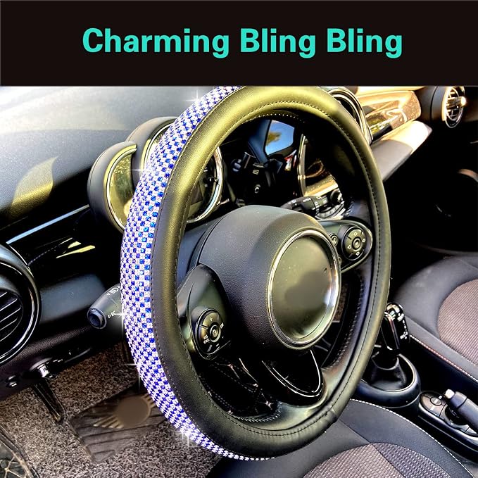 Large Size Bling Comfy Steering Wheel Cover with Jumbo Crystal Rhinestones, Anti-Slip Diamond Leather, 15.5-15.75 Inch (Blue)