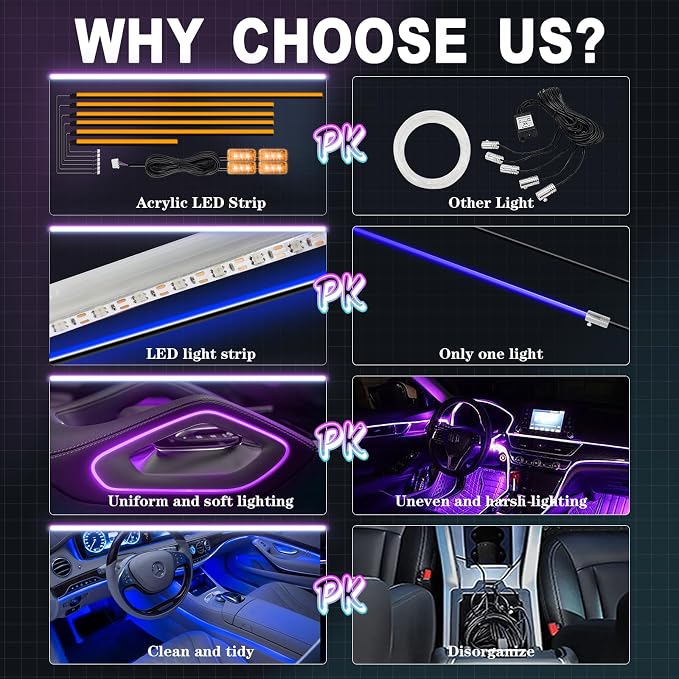 Acrylic Interior Car Lights, Car Accessories 10 in 1 Car LED Strip Lights with APP Control, 175 inches 593 LEDs Fiber Optic Lights, RGB Neon Light Kits