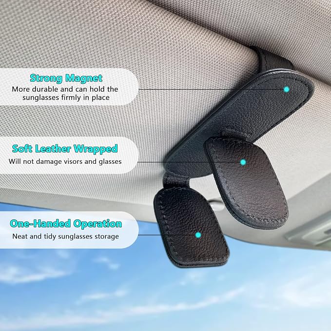 Sunglass Holder for Car Visor Clip, Magnetic Leather Eyeglass Hanger Clip for Car, Square Car Visor Accessories (Black)