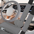 6 PCS Nappa Microfiber Leather Grey Steering Wheel Cover Set, Breathable Fabric Steering Wheel Cover 14.5-15inch Universal, Car Center Console Cover, Seat Belt Cushion, Cup Holder Coaster