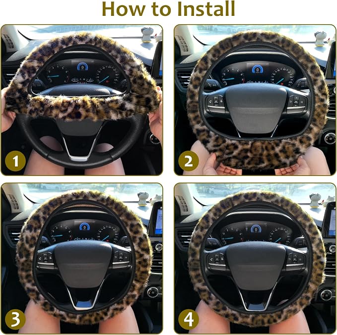 Fuzzy Steering Wheel Cover, Leopard Fluffy Car Wheel Cover for Women Men, Soft Furry Vehicle Steering Wheel Protector Warm Non-Slip Car Accessories 15 inch Universal Fit Auto, Suvs, Truck