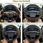 Fuzzy Steering Wheel Cover, Leopard Fluffy Car Wheel Cover for Women Men, Soft Furry Vehicle Steering Wheel Protector Warm Non-Slip Car Accessories 15 inch Universal Fit Auto, Suvs, Truck