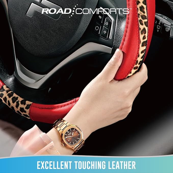 Steering Wheel Cover - Made with PVC Leather and Leopard Fabric - Universal 14 1/2 inches to 15 inches for Most Automotive Steering Wheel - Cheetah Print -Red