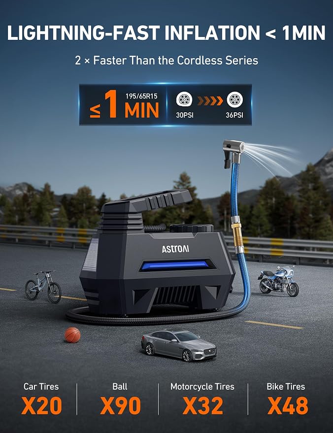 AIRUN H Tire Inflator Portable Air Compressor,Fast Inflation Electric Air Pump for Car Tires-Car Accessories,9.8Ft Cord-12VDC-Powered Auto Shut-Off with Digital Pressure Gauge,LED Light,Blue