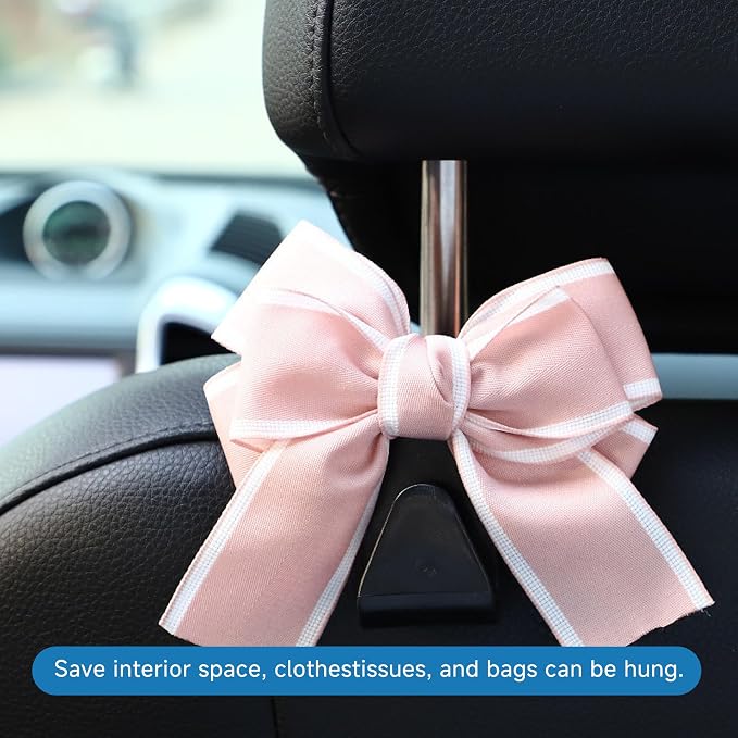 2PCS Car Seat Hooks, Cute Bow Car Seat Headrest Hooks for Purses, Bags, Umbrella, Universal Automotive Interior Decoration Accessoriesl for Vehicle, SUV, Sedan, Truck (Pink)