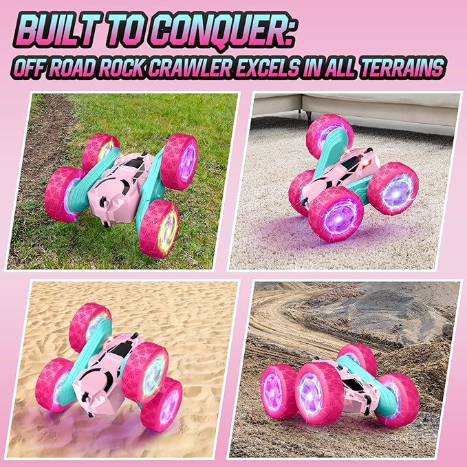 Pink Remote Control Car for Girls, Double Sided with Shining Headlights & Wheel Lights, Girl Princess Toys, Rechargeable Toy Car for 6-7 6-8 9 10-12 Year Old Girls Birthday, Valentines Gift