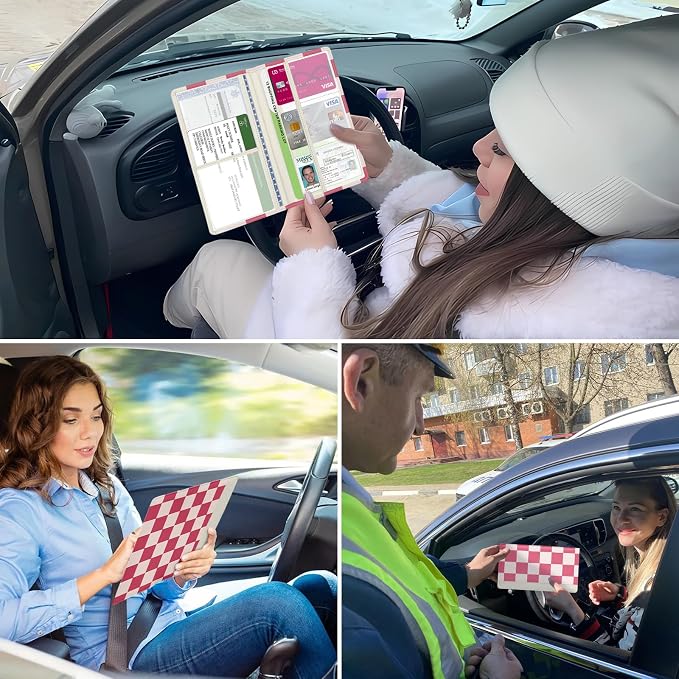 Car Registration and Insurance Holder, with Magnetic Closure for License, Cards and Documents, All Vehicle Needs and Car Accessories (Plaid-Pink)