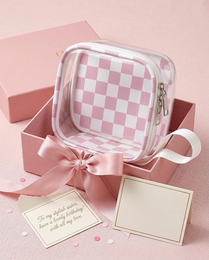 Preppy Clear Makeup Bag Travel Cosmetic Case Transparent Pink and Beige Checkered Toiletry Bag with Zipper,Portable Make Up Organizer Traveling Compact Pink Car Essentials for Girls