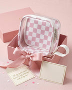 Preppy Clear Makeup Bag Travel Cosmetic Case Transparent Pink and Beige Checkered Toiletry Bag with Zipper,Portable Make Up Organizer Traveling Compact Pink Car Essentials for Girls