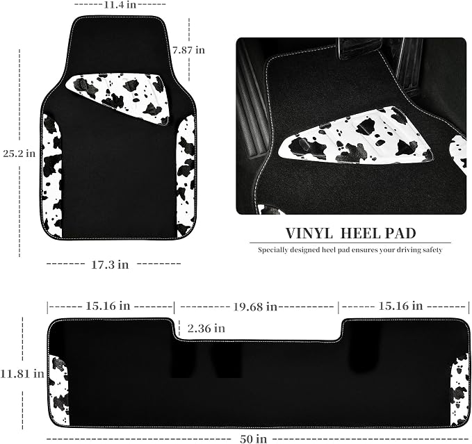 Waterproof Universal 3Pcs Car Floor Mats, Cow Print Car Mats Fit for SUV,Vans,sedans, Trucks,Set of Vehicles Car Carpet with Driver Heel Pad and Nibs Backing, Cute Women Girly (Black White)