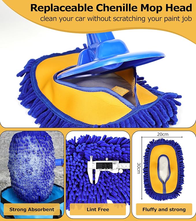 56.7" Car Wash Brush Mop Kit Mitt Sponge with Long Handle Car Cleaning Supplies Kit Tools Car Washing Duster Exterior Scratch Free, Chenille Replacement Head Extension Pole