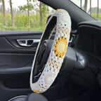 Handmade Crochet White Moon and Sun Car Steering Wheel Covers Universal 14-15 inch for Women and Men (Steer Wheel Cover+ 2 Belt Cover+2 Coaster)