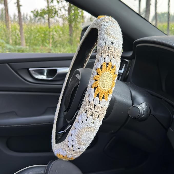 Handmade Crochet White Moon and Sun Car Steering Wheel Covers Universal 14-15 inch for Women and Men (Steer Wheel Cover+ 2 Belt Cover+2 Coaster)