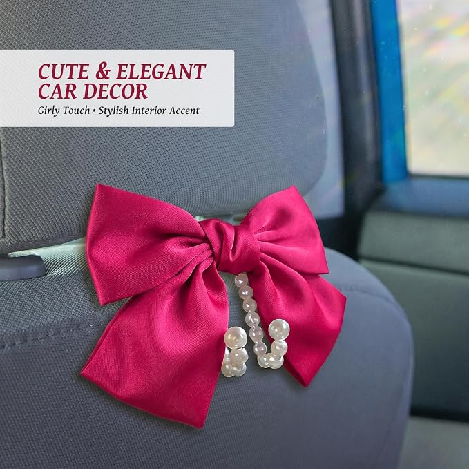 2 PCS Bow Pearl Car Seat Headrest Hook – Cute Purse Hook for Car, Girly Interior Decoration Accessories Hook Hanger, Seatback Holder for Purses & Bags, Elegant Car Organizer (Berry Fuchsia)