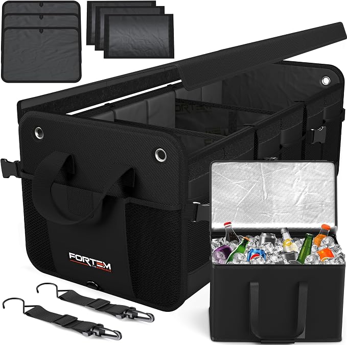 Trunk Organizer with Cooler For SUV Car Organizer and Storage, Collapsible Multi-Compartment, Perfect Christmas Gifts For Men, Women, 1680D Oxford, Non Slip Bottom, Straps, Soft Cover 110L