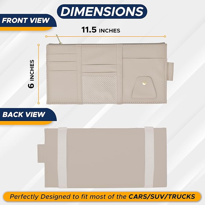 Car Sun Visor Organizer (Beige) | Multi-Pocket Net Zipper Case for Cash, Card, Pen & Sunglass | Visor Organizer Storage Pouch | Interior Accessories with Pocket for Car & Truck | Small