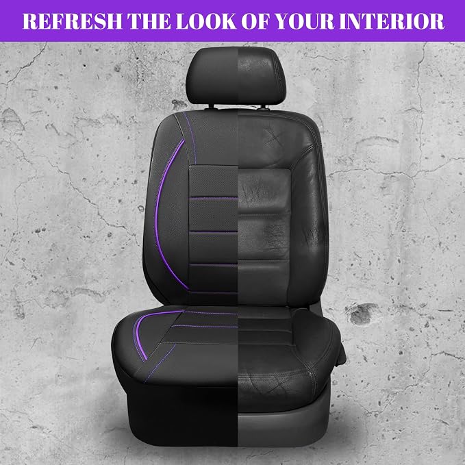 Piping PU Leather Car Seat Cover,Inside Zipper Design and Reserved Opening Holes Airbag Compatible,Universal FIT for Car, SUVs,Van,Trucks,Full Set, Black & Purple