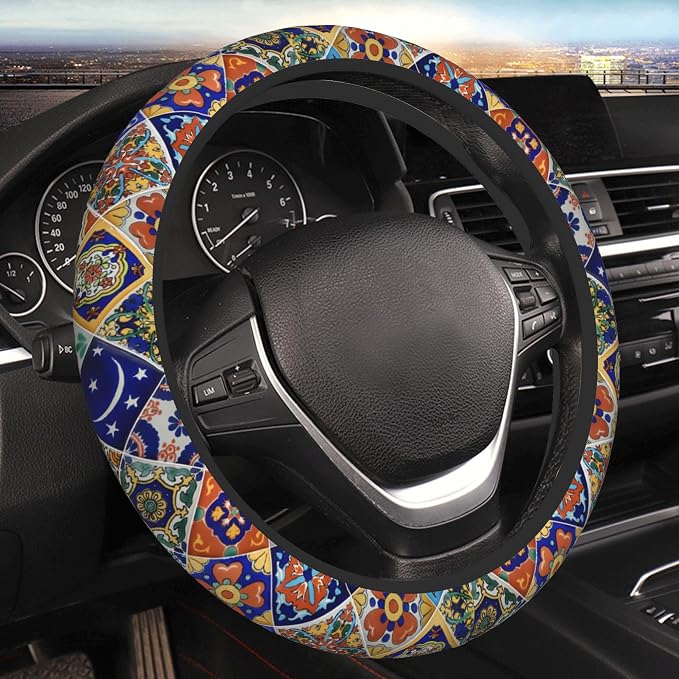 Mexican Talavera Tiles Style Steering Wheel Cover Auto Steering Wheel Protector Anti-Slip Breathable and Sweat Absorption Universal Car Accessories15 Inch Fit Auto Sedan Vans Trucks SUV