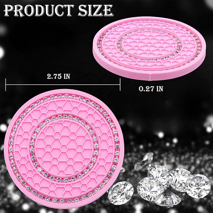 2PCS Bling Crystal Rhinestone Cup Holder Coaster, 2.75 inch Soft Silicone Anti-Slip Shockproof, Car Cup Holder Insert Coasters, Universal Car Interior Accessories for Women (Pink & White)