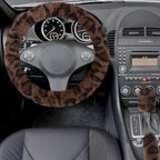 Fuzzy Car Steering Wheel Cover, Universal Fit Fur Auto Wheel Cover & Handbrake Cover & Gear Shift Cover Set, Fashion Leopard Fluffy Steering Wheel Protector Car Accessories for Men Women