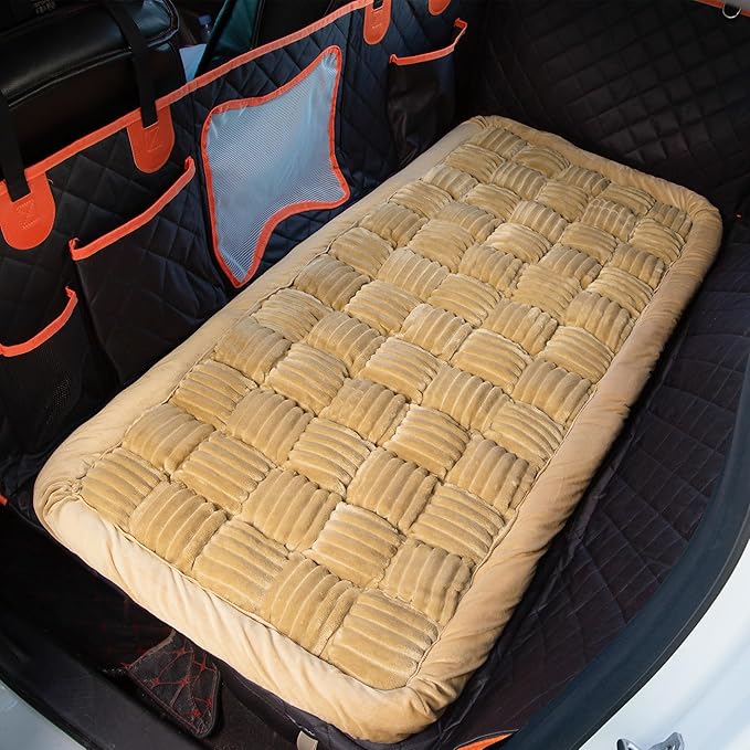 Dog Bed for Car Back Seat Soft Plush Backseat Pet Bed Mat Non-Slip Travel Pet Mat, Fuzzy Plaid Dog Seat Cover, Fit for Backseat Extenders and Trucks SUVs (Light Brown, 54" x 24.8")
