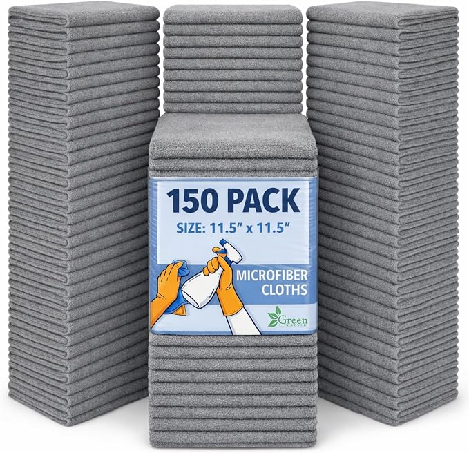 Microfiber Cleaning Cloth 11.5" x 11.5" 150 Pack - Edgeless Microfiber Towels for Cars, Cleaning Rags, Lint Free Car Microfiber Towel, Reusable Cleaning Cloths for House, Garage (Grey)
