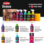 Demon Car Wash Kit - 7 Piece Set Includes Car Wash Soap, Wheel Cleaner, Tire Shine, Interior Cleaner, Demon Shine, Air Freshener & Sponge