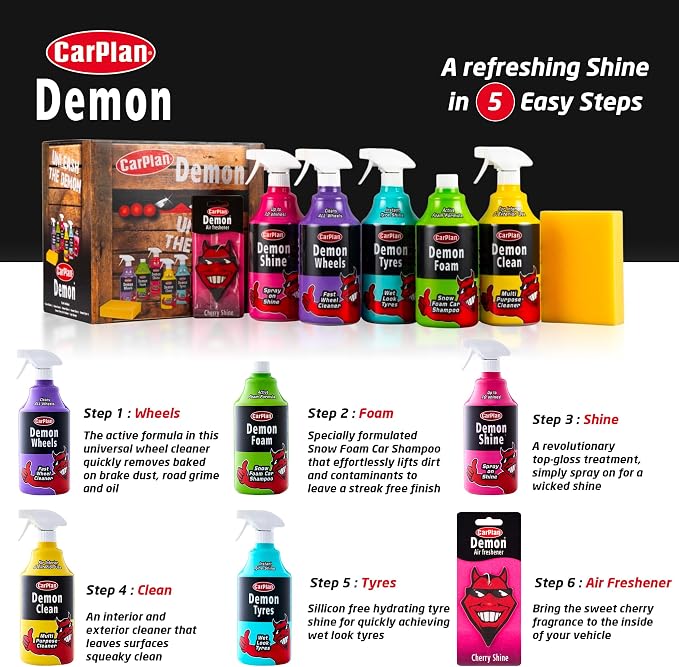 Demon Car Wash Kit - 7 Piece Set Includes Car Wash Soap, Wheel Cleaner, Tire Shine, Interior Cleaner, Demon Shine, Air Freshener & Sponge