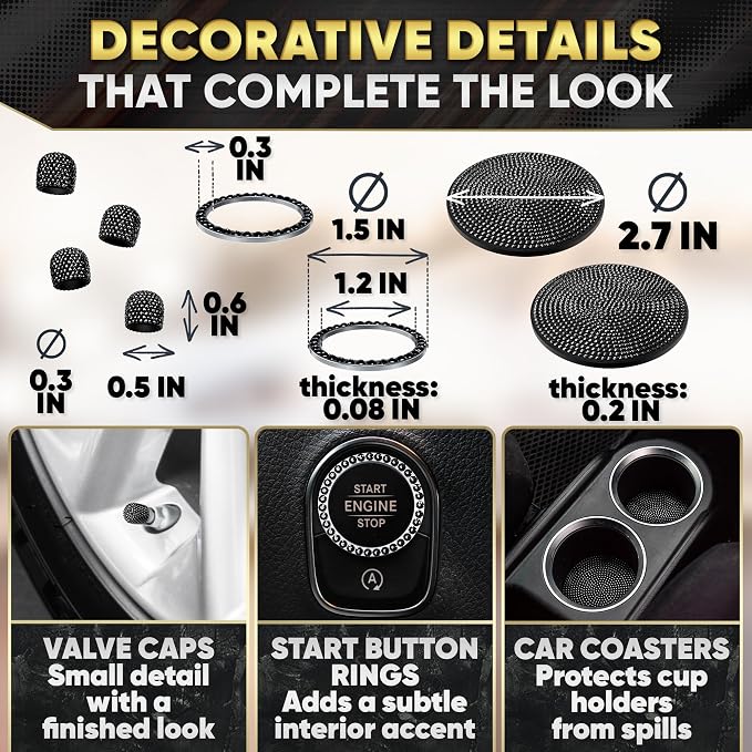 Black Bling Car Accessories Set - 27 Pieces Car Interior Kit with Rhinestone Steering Wheel Cover, Diamond License Plate Frame, Phone Holder, Coaster & Hook, Great Gift for Drivers