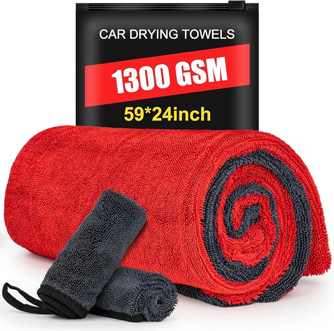 3-Pack Car Drying Towel-Microfiber Extra Large Towels for Cars(59"x24"), Ultra-Absorbent, Scratch & Streak Free, 1300 GSM, Twisted-Loop Cleaning Cloth for Truck, SUV, Car Accessories, Red