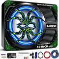 2026 Upgraded 1600W 10" Slim Under Seat Subwoofer with Built-in Amplifier - Powered Car Low Profile Bass Sub - Individual Controls (LPF/Gain/Bass Boost) LED Ambient Lights