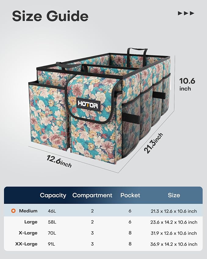 Trunk Organizer- Car Organizer, Foldable Trunk organizer for SUVs & Sedans, Sturdy Car Organization for Car Accessories, Tools, Sundries, Blue Flower, 2 Compartments, 21.3"×12.6"×10.6"