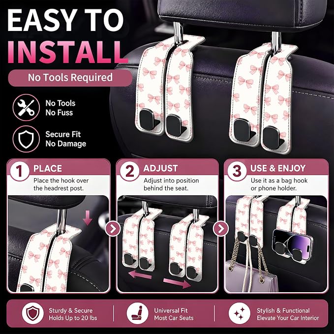 Car Seat Back Storage Hook, Funny Car Purse Hook, Cute Vehicle Storage Organizer for Purses Handbags Cute Pink Bowtie