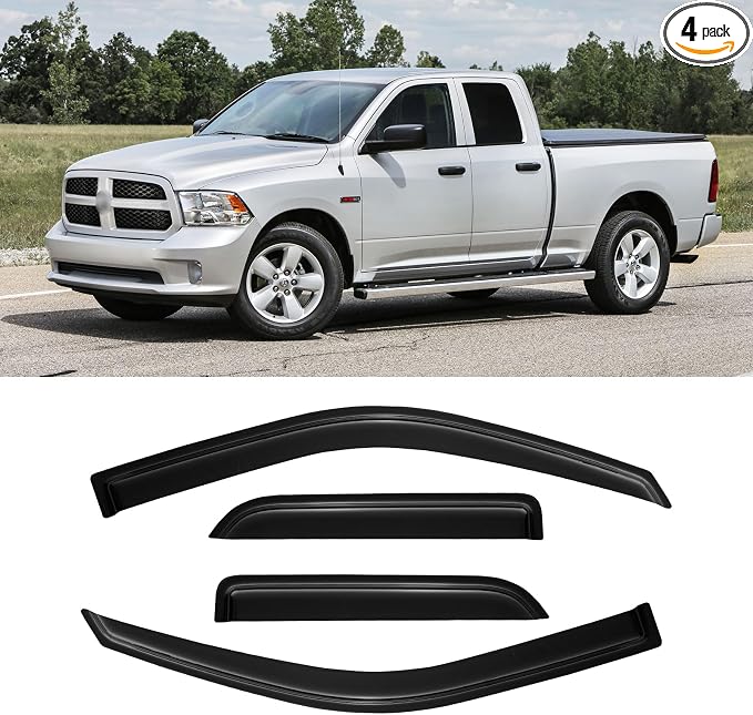 Rain Guards for 2009-2018 Dodge Ram 1500 Quad Cab/Extended Cab, Window Visor Shields Vent Deflector Shade Wind Dark Smoke for 19-24 Ram 1500 Classic Quad Cab, 4PCS, Out-Channel
