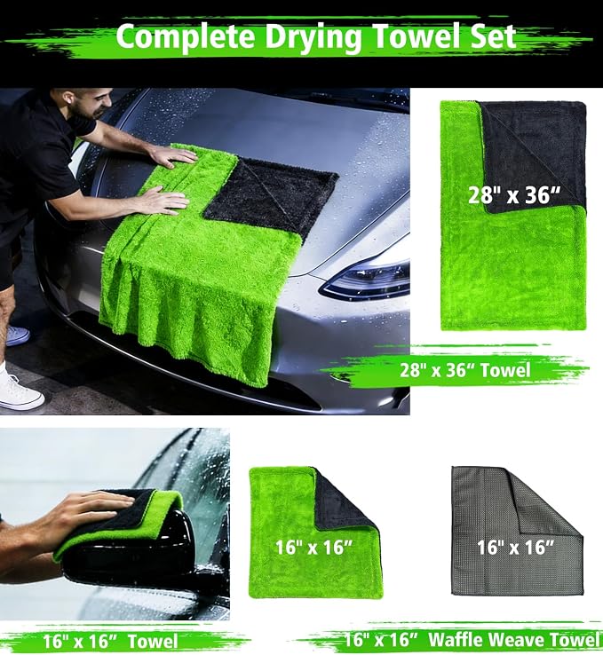 Complete Drying Towel Set, 3-Pack Microfiber Towels (28"x36" & 16"x16" Drying & Waffle Weave), 1400 GSM Ultra Absorbent, Streak-Free Car Detailing Towels for Bulk Water, Final Polish & Glass