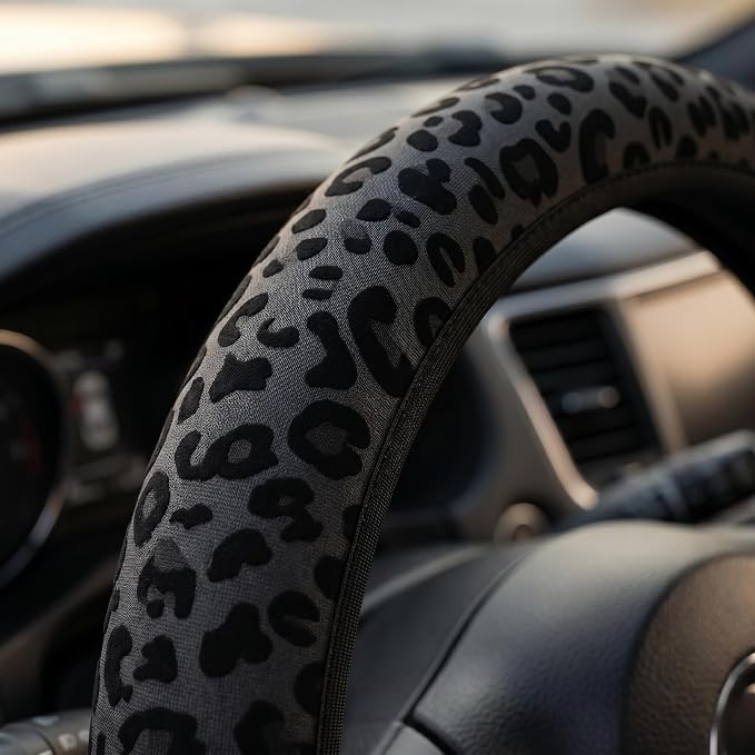 15 Inch Neoprene Steering Wheel Cover Non-Slip (Black Leopard Print)