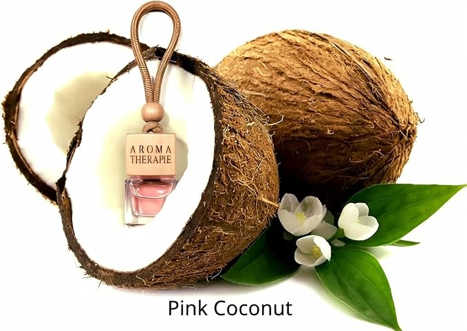 Aromatherapy Car Air Freshener, Natural Fragrance Hanging Diffuser, Long Lasting, Multiple Scents Including Peach, Vanilla Cream, Pink Coconut, and Freesia, Glass Bottle with Wooden Cap, 4pcs