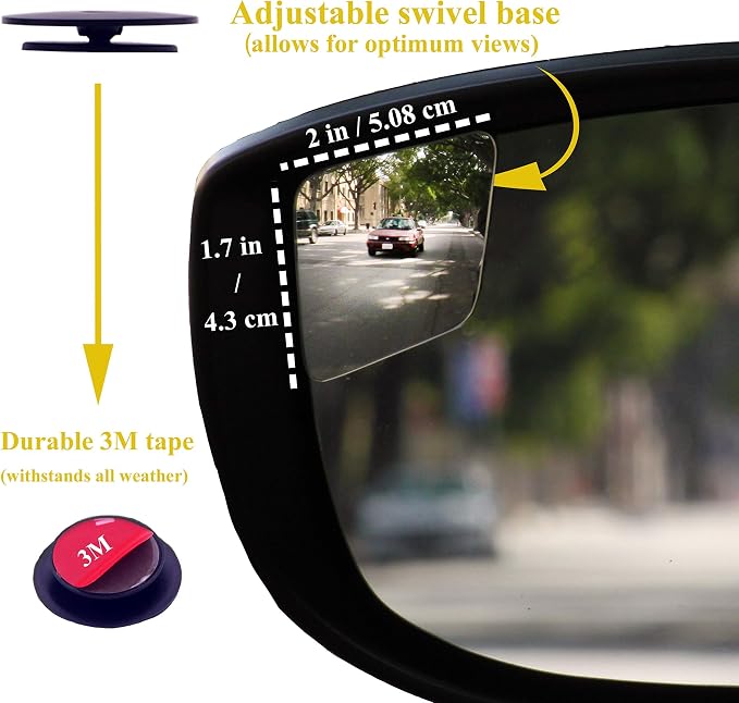 "Rhombus 4000" Car Blind Spot Mirror by Safe View Company - Change Lanes w Confidence, Frameless HD Convex Glass, Seamlessly Contours to Rear View Side Mirrors, Peel & Stick (2Pack)
