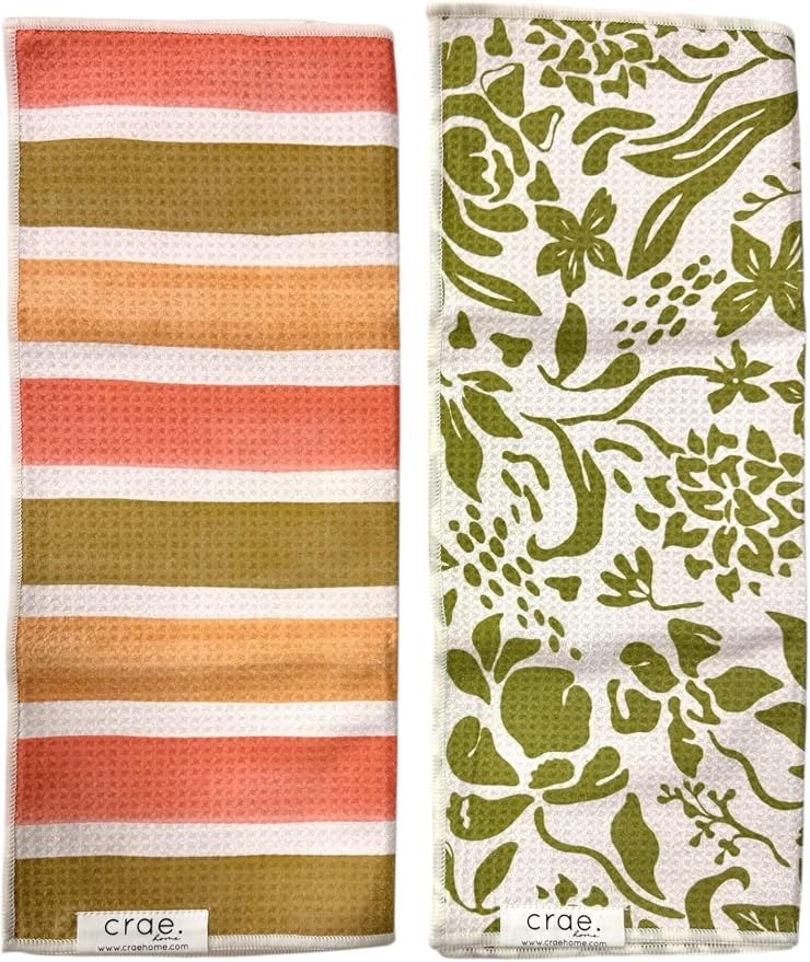 crae. Double Sided Microfiber Hand Towels, 17x27 Inches Waffle Design Kitchen Towels Set, Durable & Soft Fast Drying Hand Wash Cloth and Dishcloth for Everyday Use at Home (Pat & Tricky- Green/Cream)