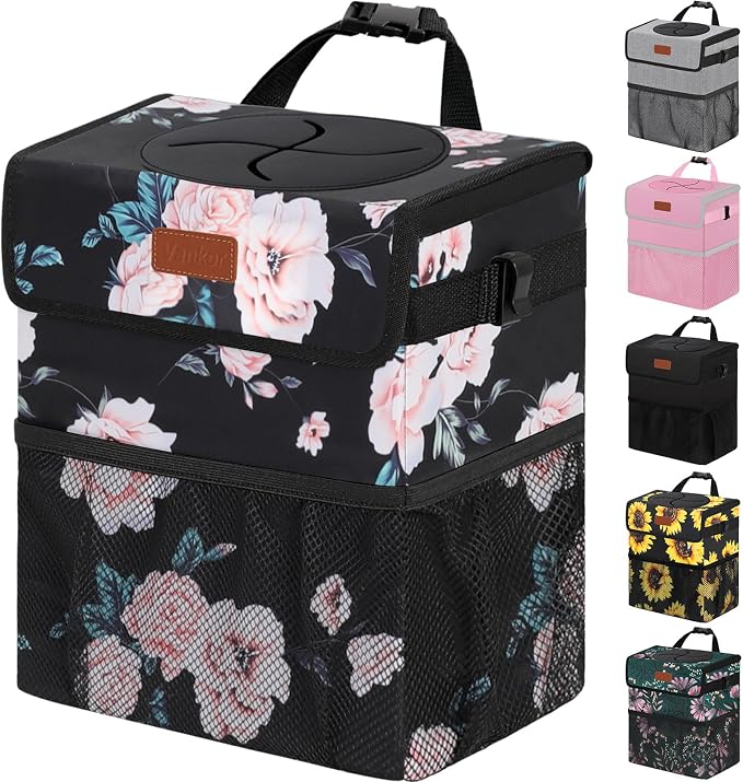 3 Gallons Car Trash Can with Lid, Car Bag Bin Hanging Waterproof Automotive Garbage Cans Leak Proof Vehicle Trash Can Black Floral