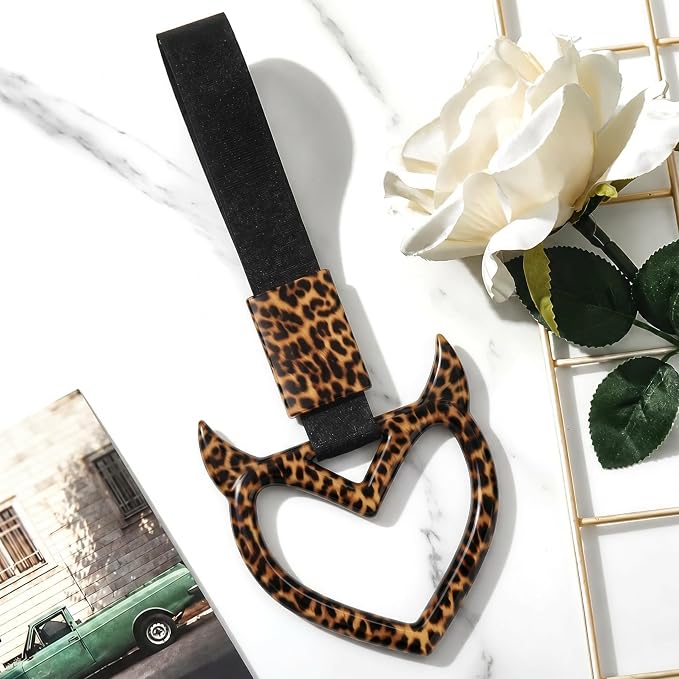 Leopard Heart Car Handle Strap Drift Charm Car Accessories for Women Cheetah Heart Rear Bumper Warning Ring Decor for Auto Bus Subway Interior Exterior Decorations(Leopard, Devil Style)
