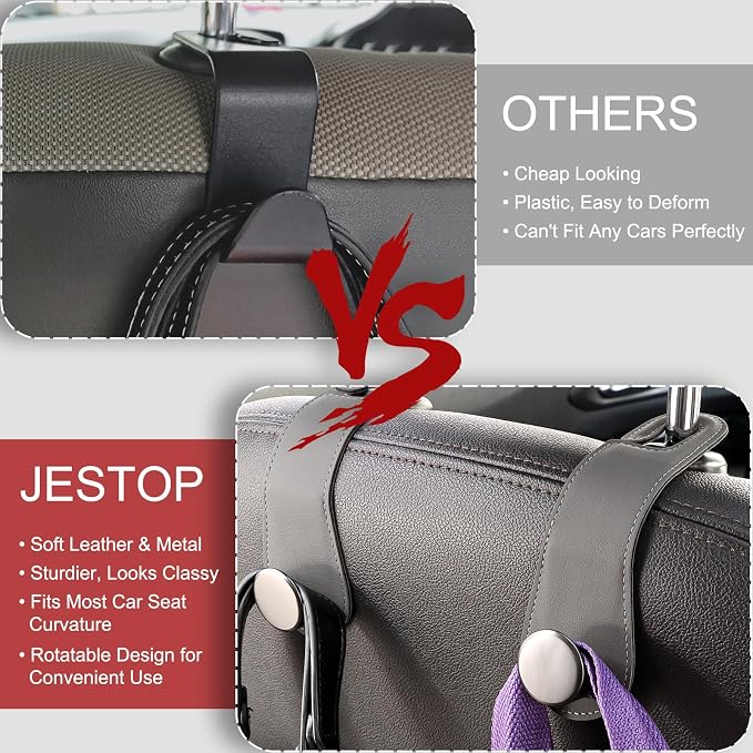 Car Headrest Hooks, 2 Pack Leather Car Seat Storage Hanger for Purses Bags, Stylish Car Seat Organizer Hooks for Handbag Coat Umbrellas, Car Inside Accessories, Gray