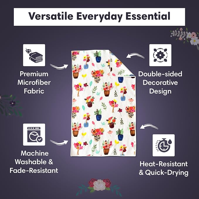 crae. Double Sided Microfiber Hand Towels, 17x27 Inches Waffle Design Kitchen Towels Set, Durable & Soft Fast Drying Hand Wash Cloth, Everyday Use Dishcloth at Home (Petal Lane/Posey)