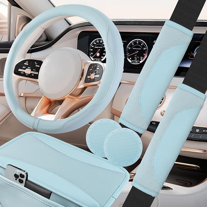 6 PCS Nappa Microfiber Leather Blue Steering Wheel Cover Set, Breathable Fabric Steering Wheel Cover 14.5-15inch Universal, Car Center Console Cover, Seat Belt Cushion, Cup Holder Coaster