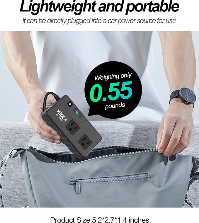 300W Car Inverter Power Outlet Dual AC Car Plug Adapter Outlet | For camping & road trips, 24W USB C/A charge for devices, LED shows real-time voltage & battery status
