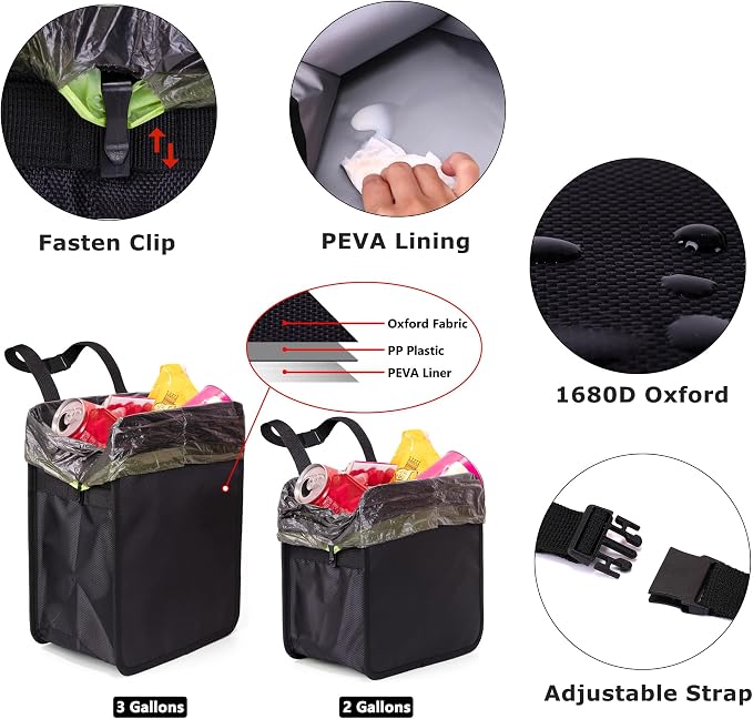 2 Gallons Open-Top Car Trash Can, Hanging Leakproof Car Trash Bag with Water-proof PEVA Liner, Stand Trash Bag for Cars Foldable Automotive Garbage Can for Cars SUV Truck RV Black