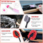 27PCS Car Detailing Kit Auto Cleaning Tools Wash Set with Storage Carry Bag Home Use for Interior Exterior Deep Clean Polish Car Care Windshield Dashboard Seat Air Vents Wheels Tires, Red