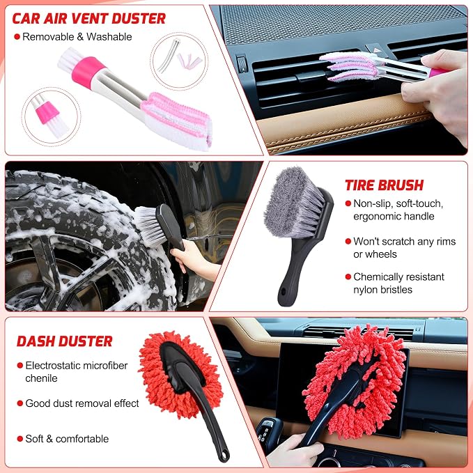 27PCS Car Detailing Kit Auto Cleaning Tools Wash Set with Storage Carry Bag Home Use for Interior Exterior Deep Clean Polish Car Care Windshield Dashboard Seat Air Vents Wheels Tires, Red