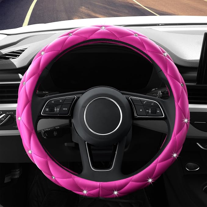 Cute Diamond Soft Leather Anti-Slip Steering Wheel Cover with Bling Bling Crystal Rhinestones, Universal 15 Inch for Women Girls, Fit Vehicles, Sedans, SUVs, Vans, Trucks - Hot Pink