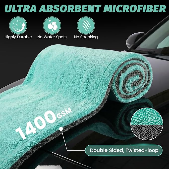 Dual Sided Microfiber Towels (48"x 24") Extra Large Ultra Absorbent Drying Towel for Cars,Trucks; Without Streaks, Scratches, or Water Spots Double-Twist Pile & Edgeless Design (Aqua blue-Gray)